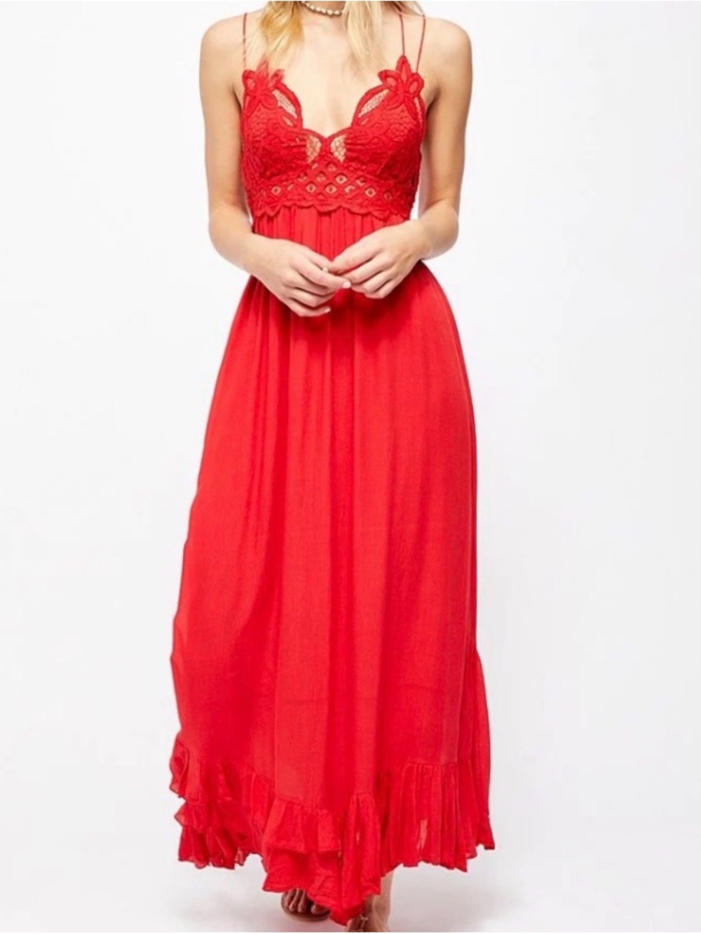 FREE PEOPLE "Adella" Maxi Slip Dress With Lace Top, Bright Red, Size XS, NEW